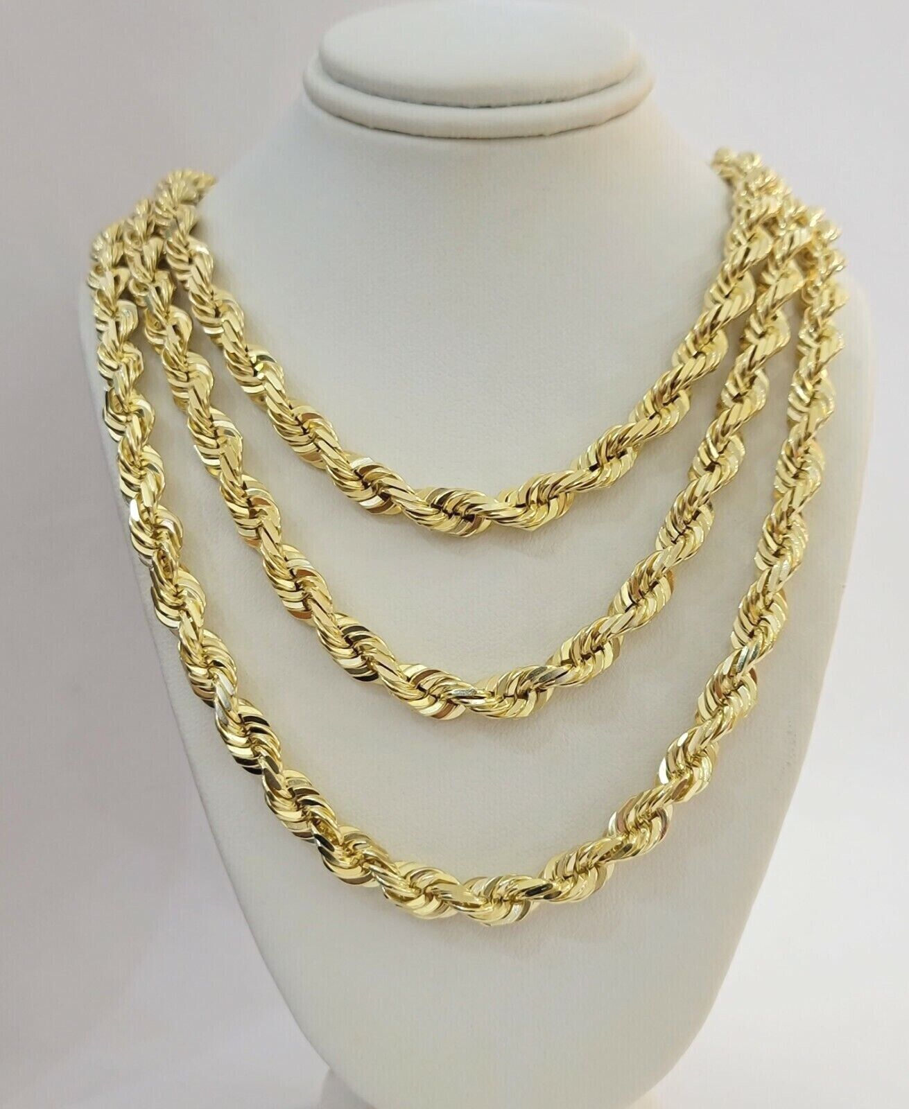 Real 14k Gold Rope chain Necklace 7mm Solid Link 14kt Yellow Gold Diamnd Cut 26" - GoldenlinQ